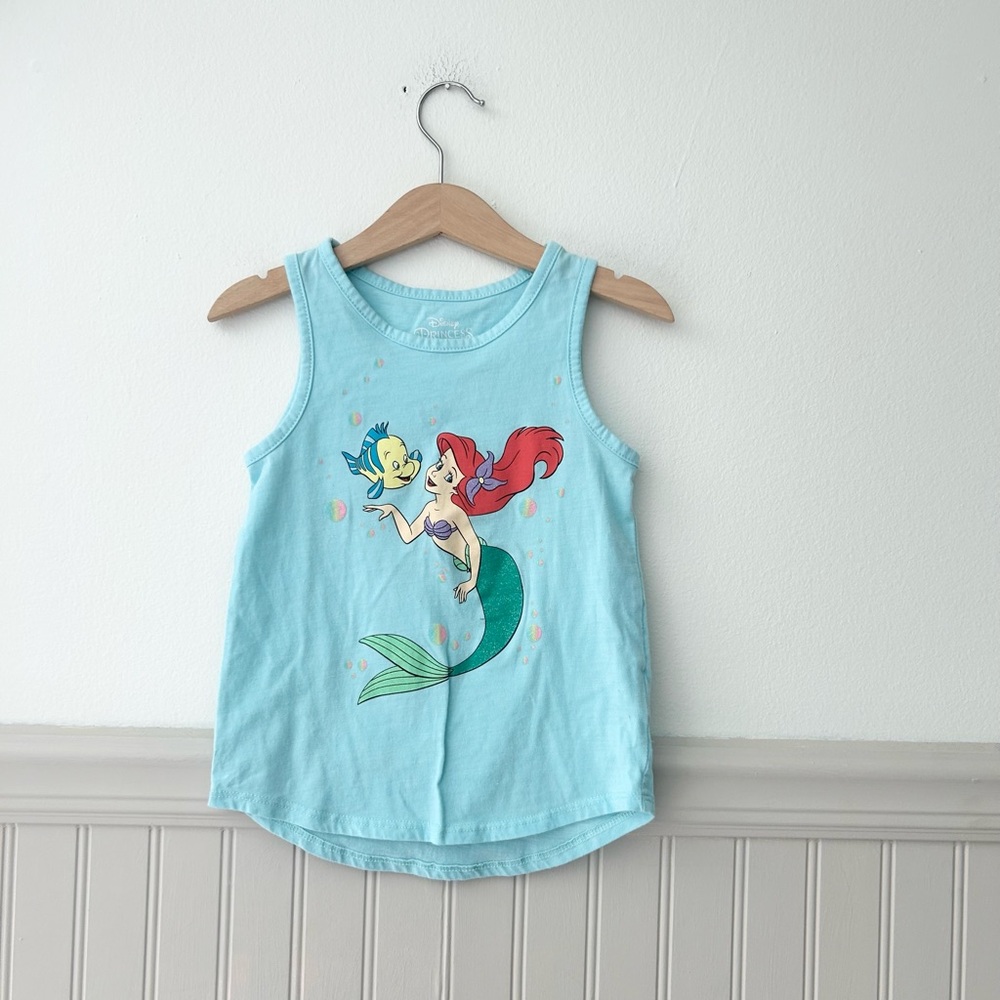 Disney Girls Size 6 Ariel Flounder Little Mermaid Aqua Blue Graphic Tank Top